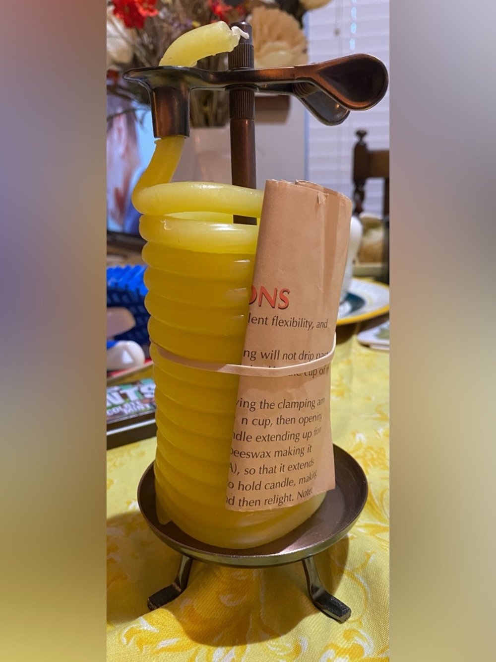 Yellow Rolled Honey Beeswax Candle on a Metal Stand Held in Place By Clip NWOT